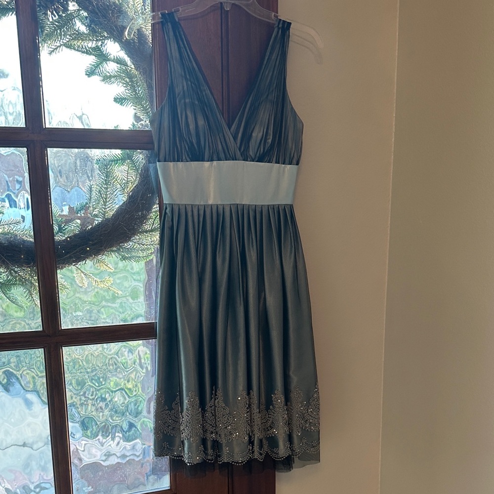 David's Bridal Blue and White Midi Dress